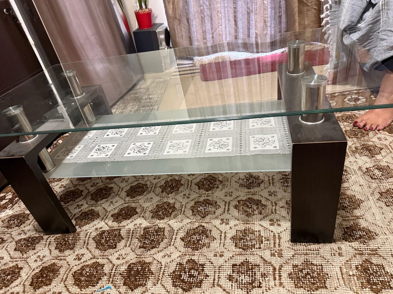 Glass Coffee Table with Wood Base - photo 2