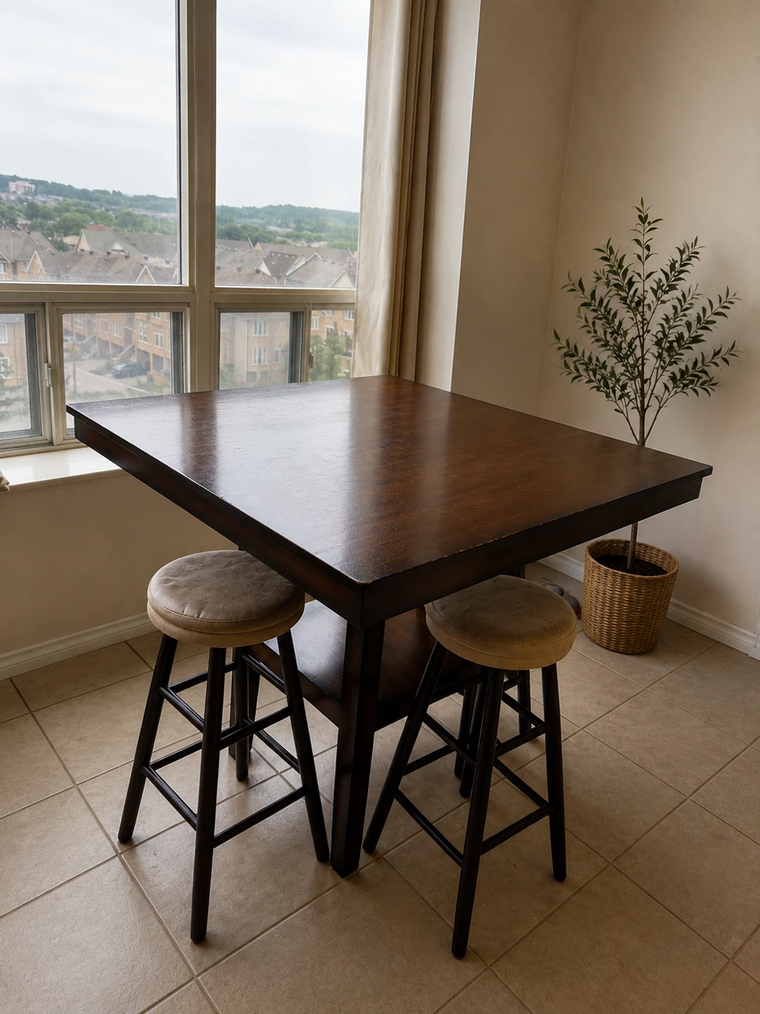 Dark Wood Counter Height Table with 3 Stools
