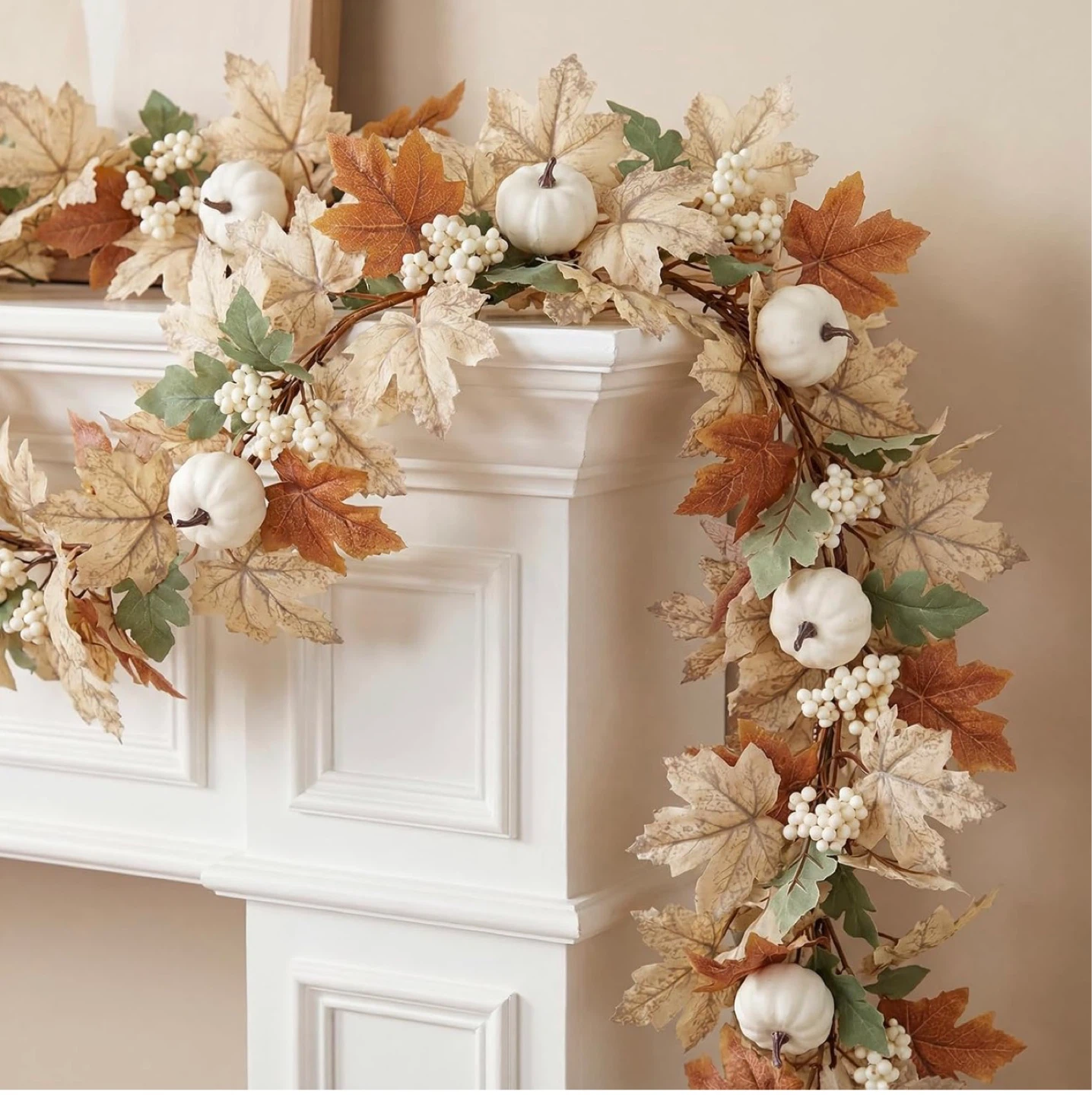 Fall Garland, Fall Decor with Maple Leaves & Pumpkins