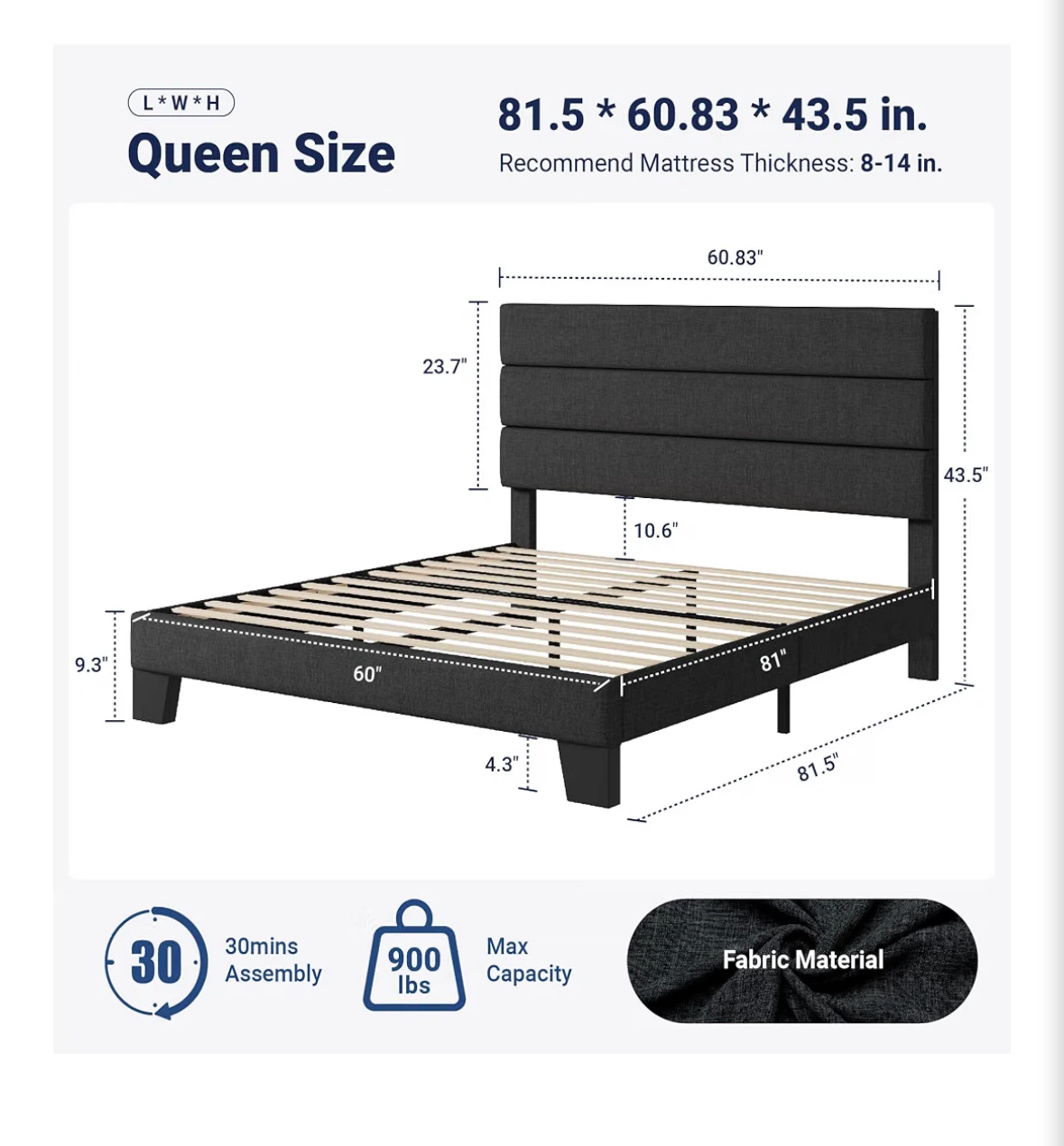 Queen Size Upholstered Platform Bed Frame - photo 3