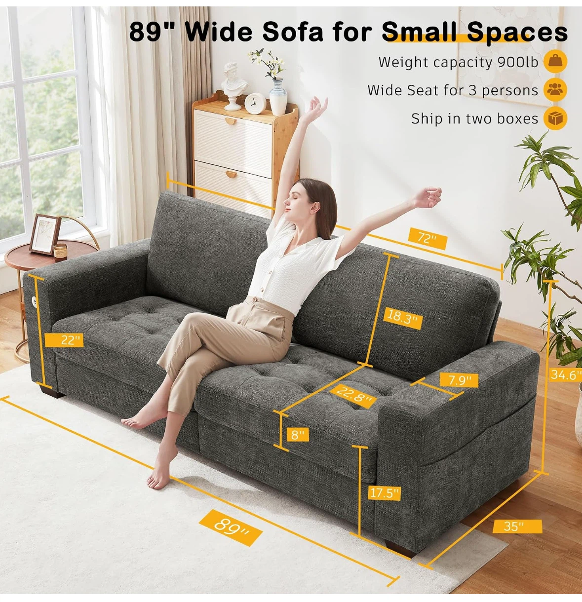 Dark Gray Sofa - 89" Wide for Small Spaces - photo 2