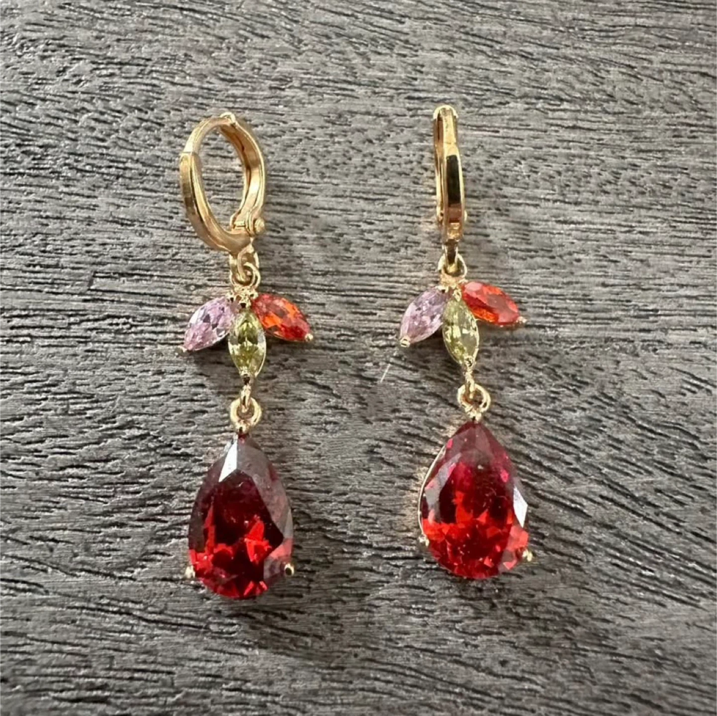 Gold-tone Dangle Earrings with Red, Pink, Orange, and Green Gems