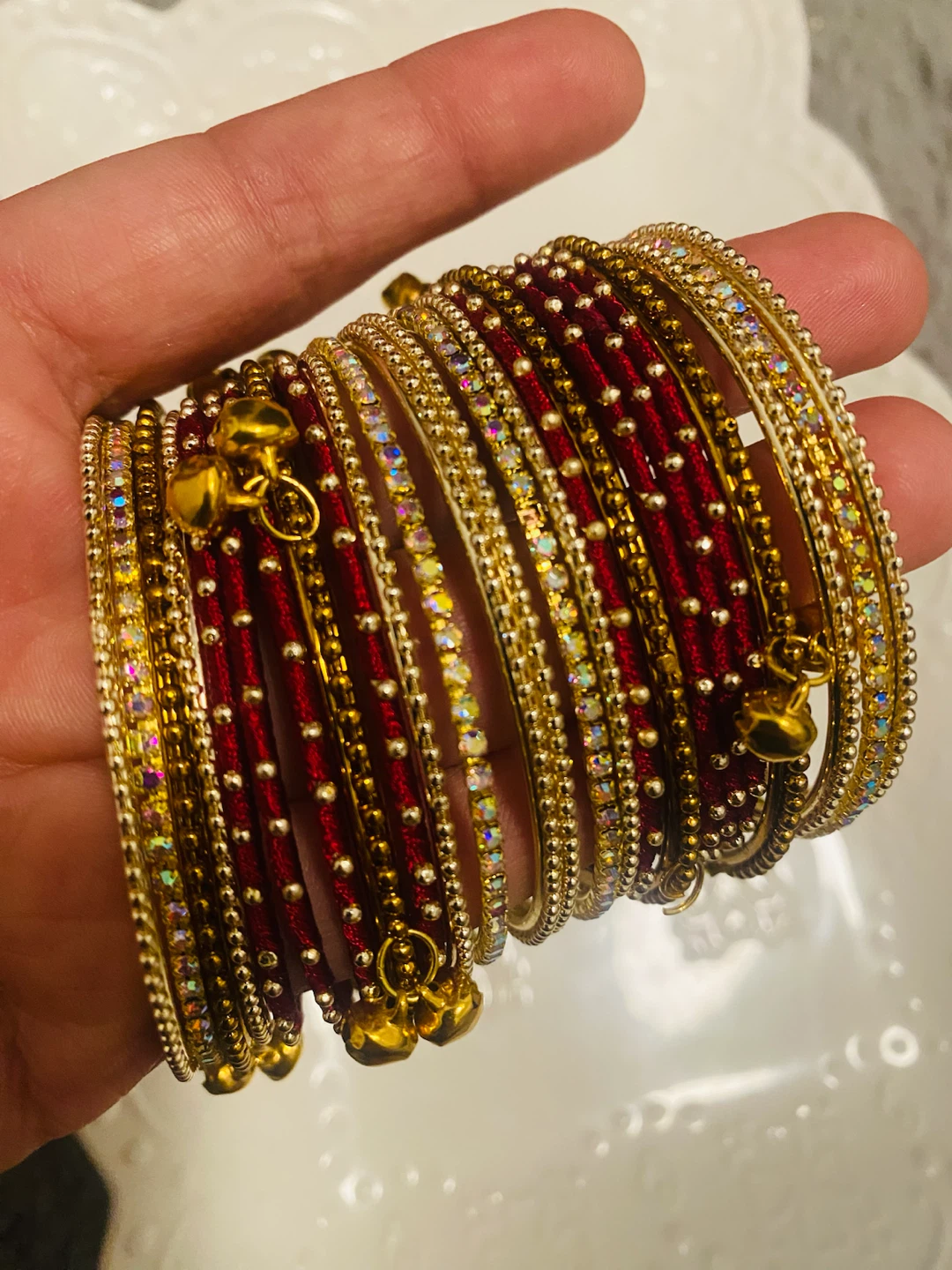 New (Unused) Set of 24 Maroon and Gold Bangles with Charms - photo 2