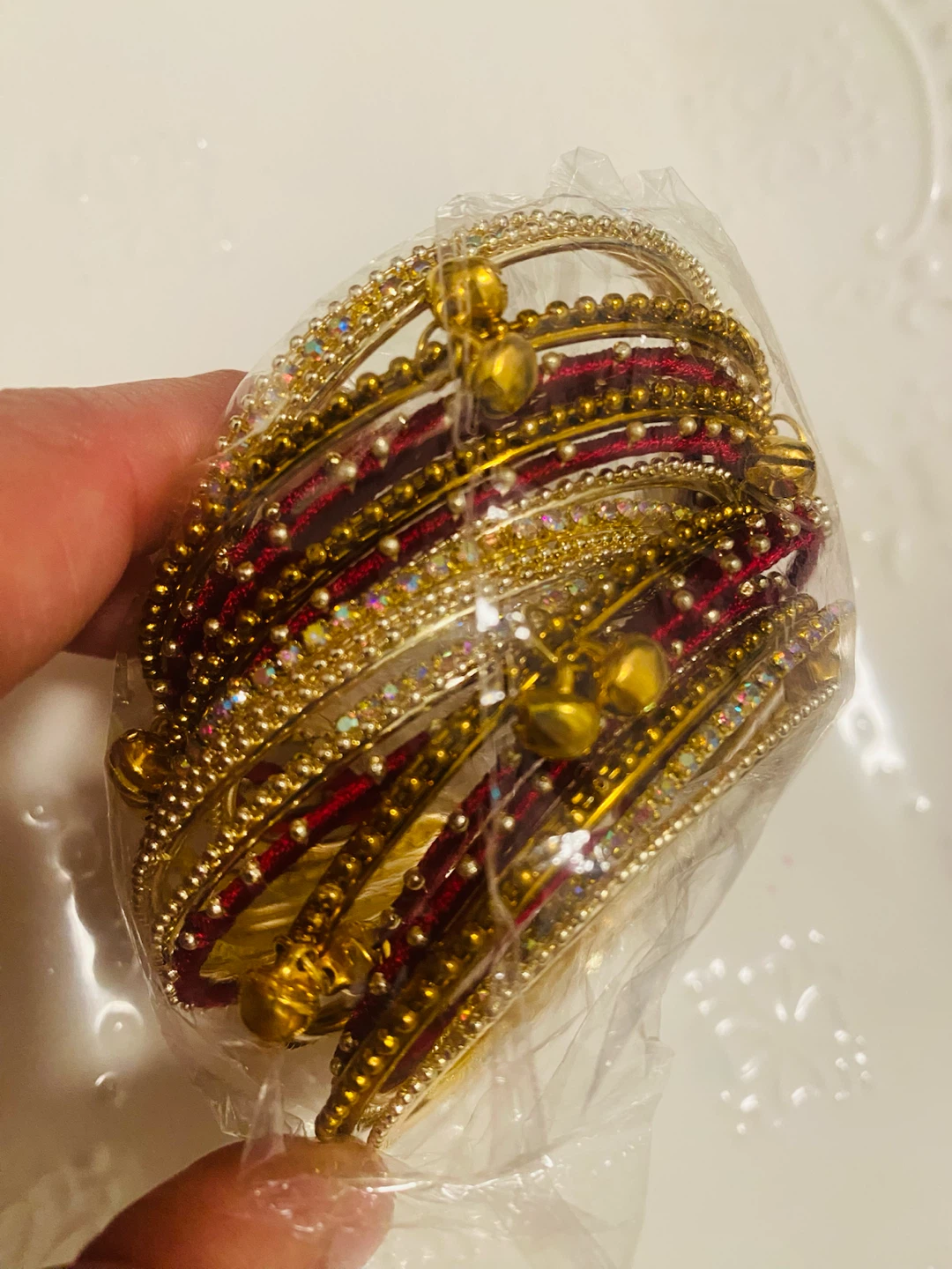 New (Unused) Set of 24 Maroon and Gold Bangles with Charms - photo 3