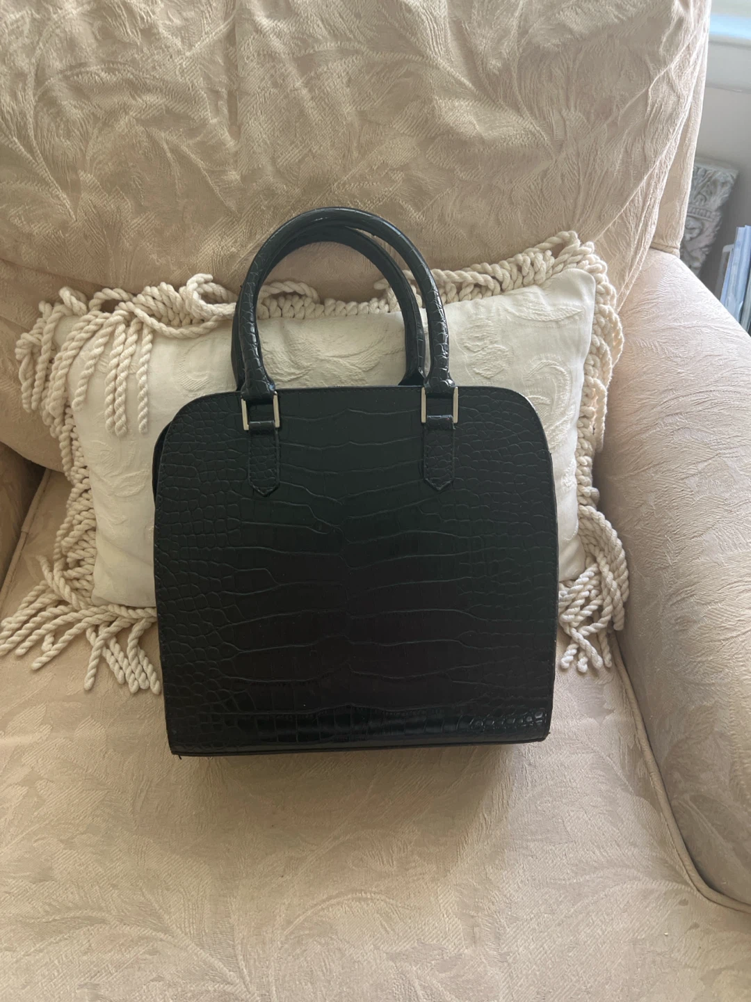 Black Croc-Embossed Top-Handle Handbag