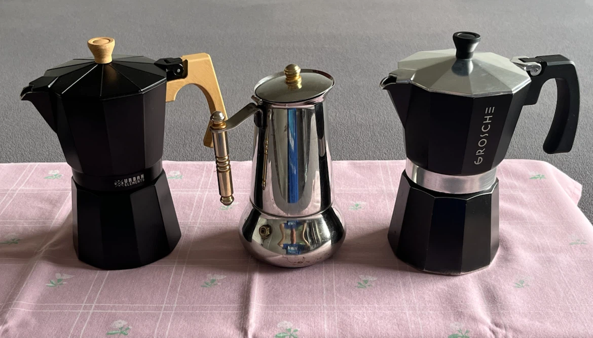 3 Moka Pots - Black, Silver, and Grosche
