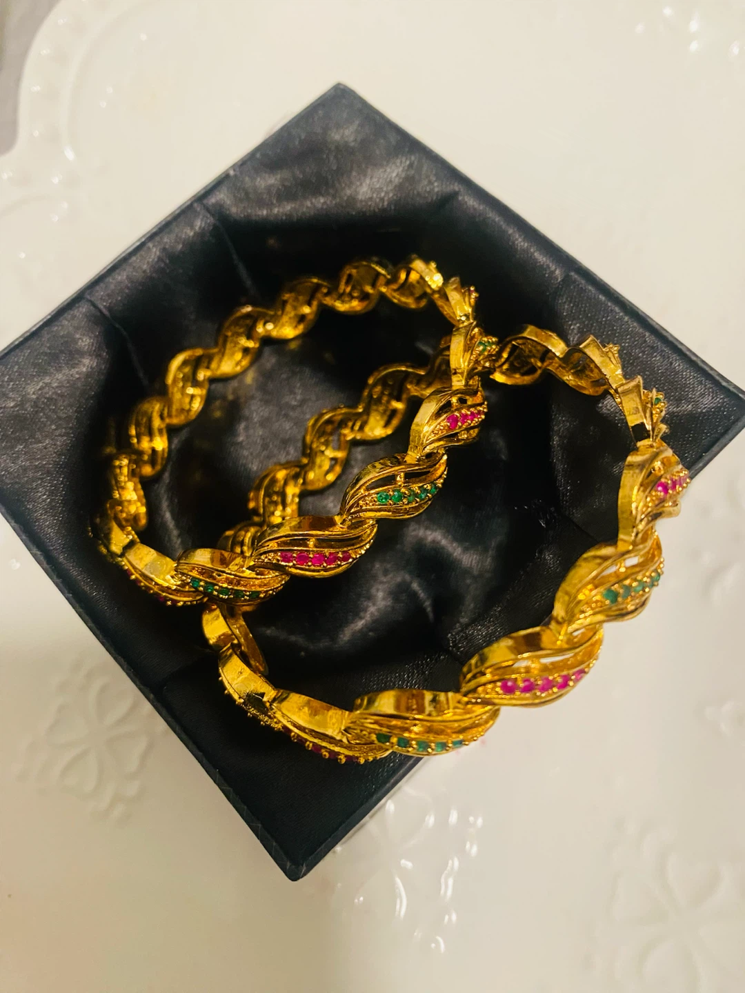 New (Unused) Gold tone Bangle Set with Pink and Green Stones