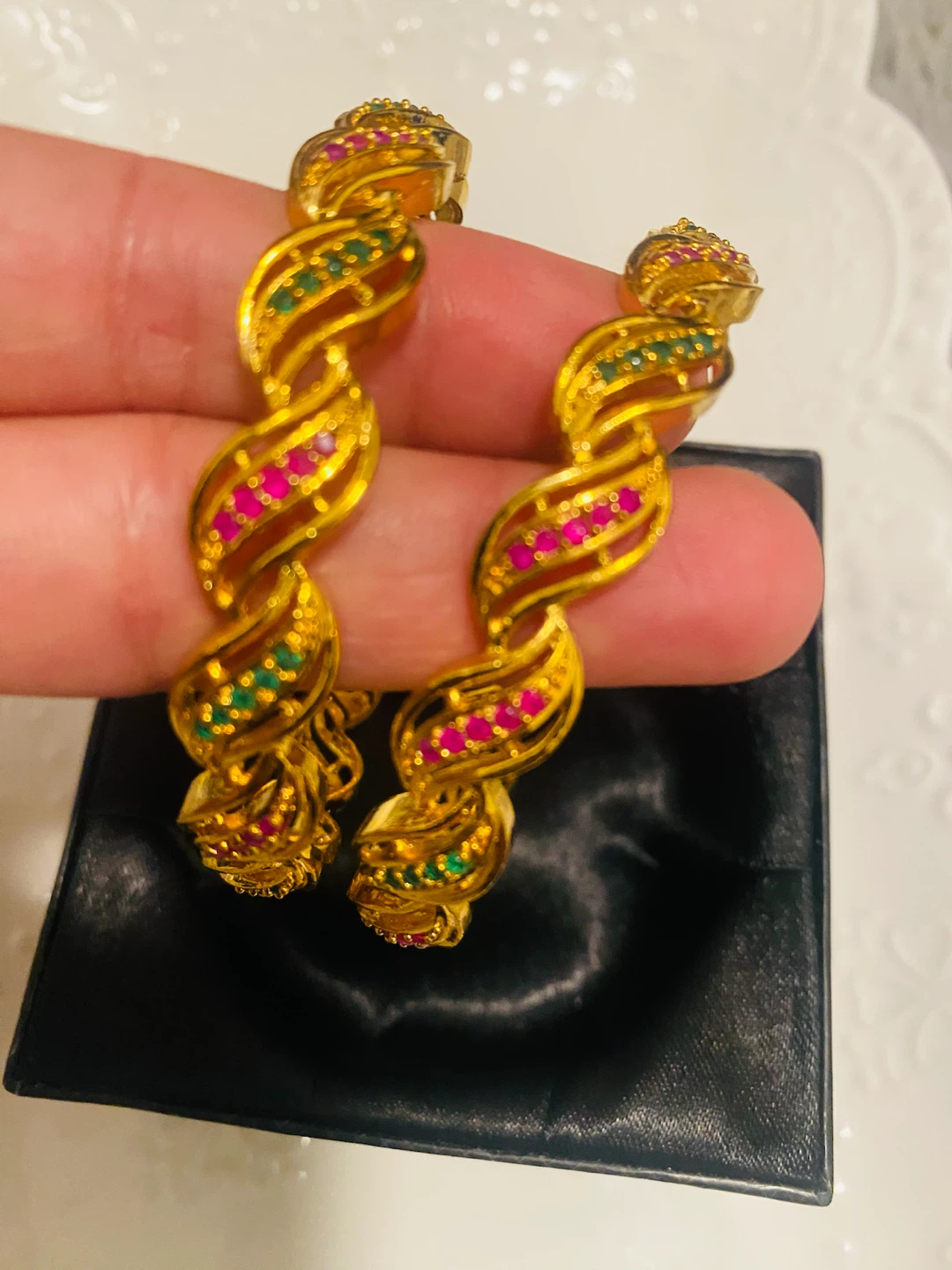 New (Unused) Gold tone Bangle Set with Pink and Green Stones - photo 2