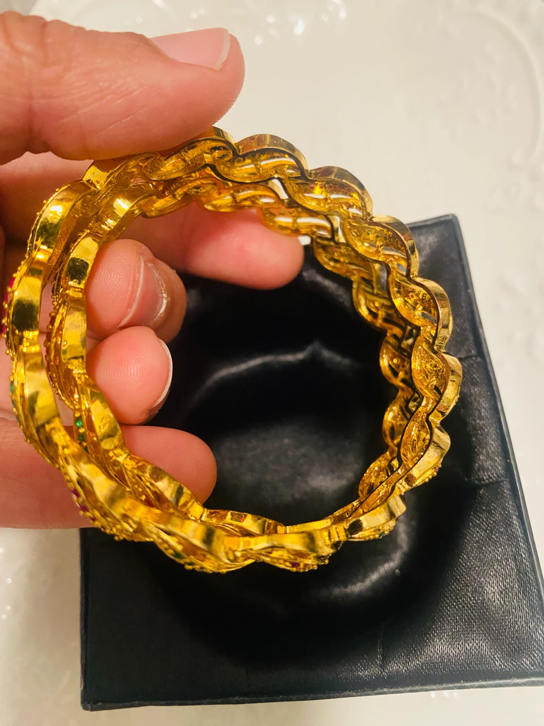 New (Unused) Gold tone Bangle Set with Pink and Green Stones - photo 3