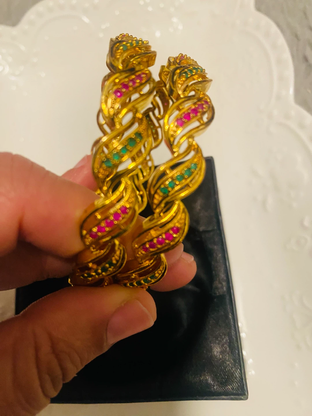 New (Unused) Gold tone Bangle Set with Pink and Green Stones - photo 4