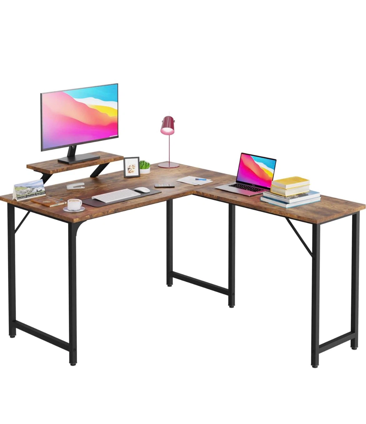 Rustic L-Shaped Computer Desk with Monitor Stand