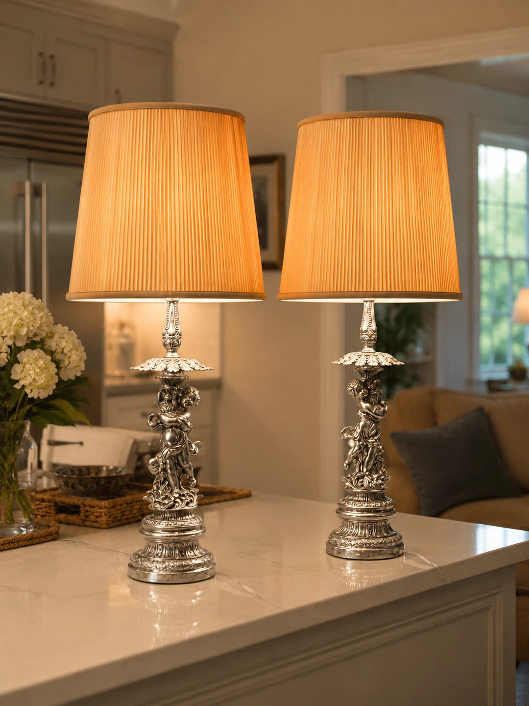 Vintage Cherub Table Lamp - Ornate Brass or Silver Finish