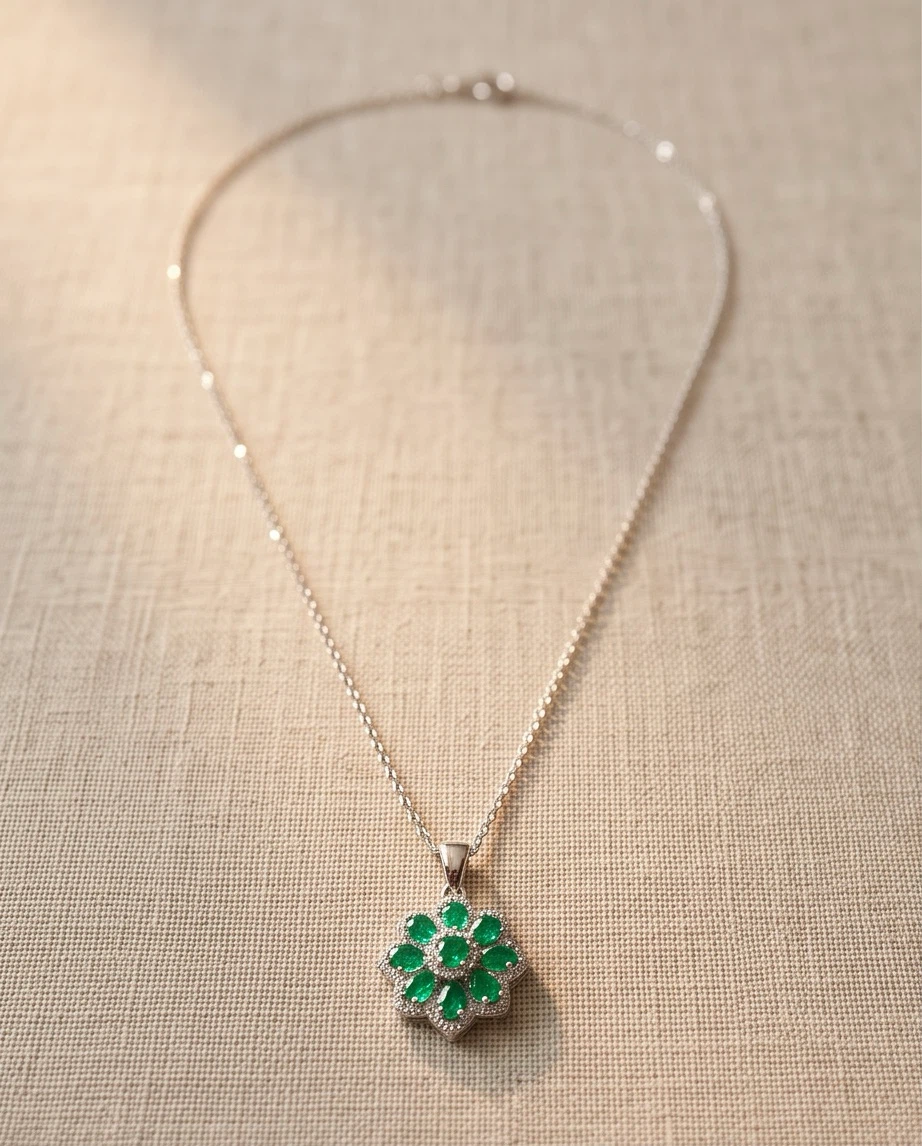 Emerald Flower Pendant Necklace