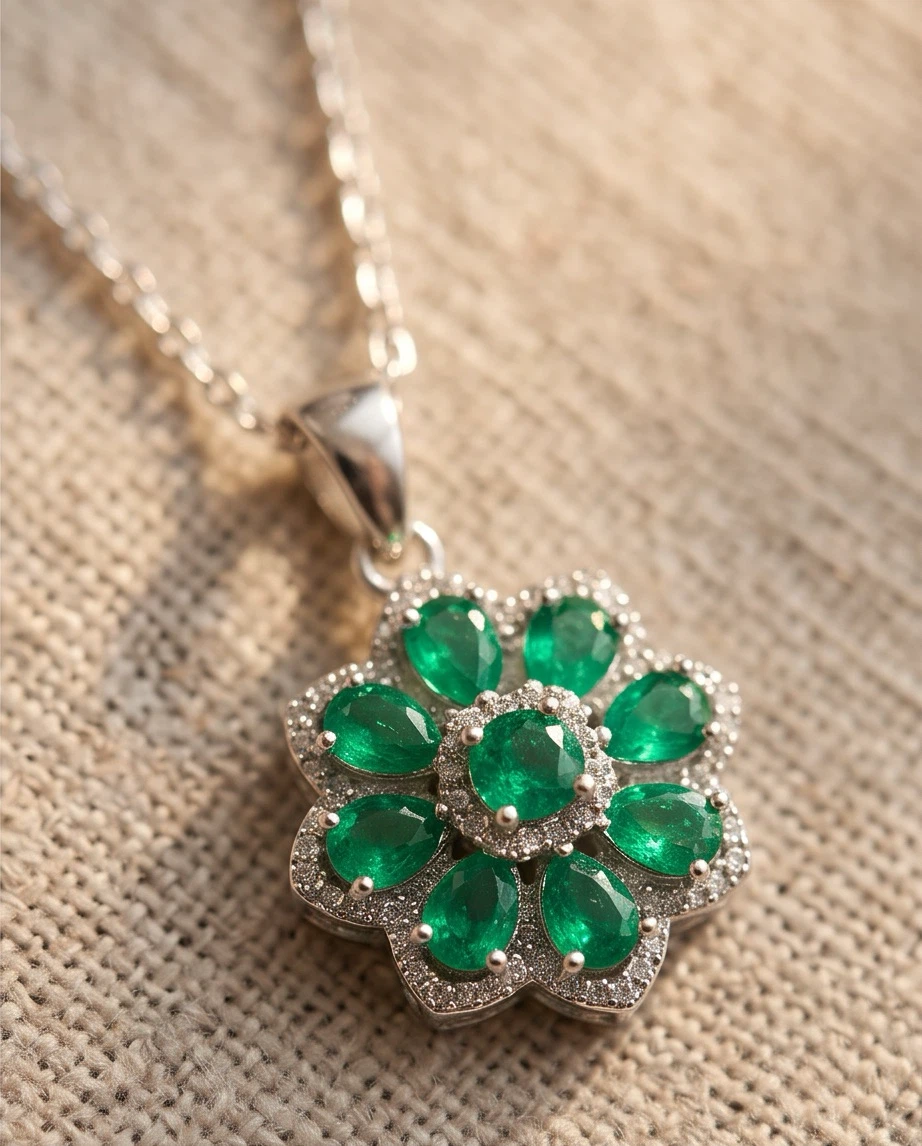 Emerald Flower Pendant Necklace - photo 3