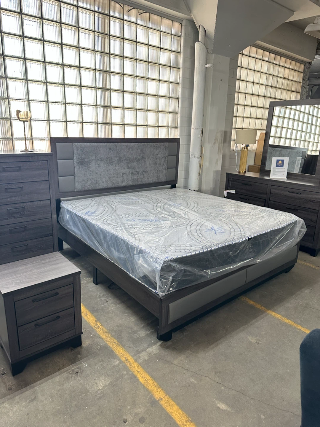 Bedroom set bed frame mirror dresser and nightstand