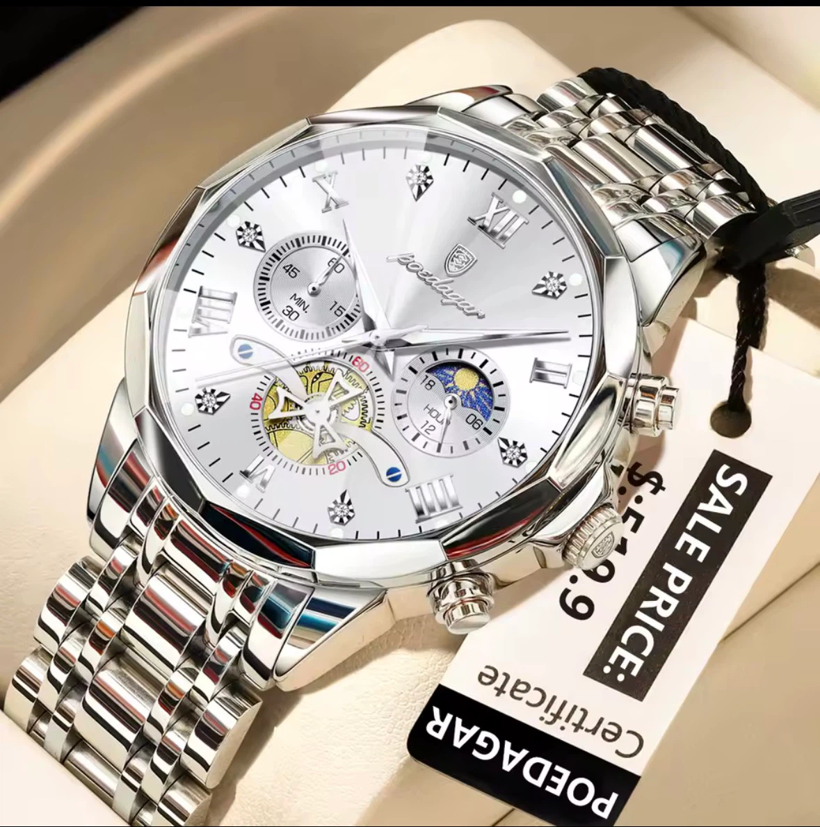 Poedagar Men's Automatic Watch with Moon Phase