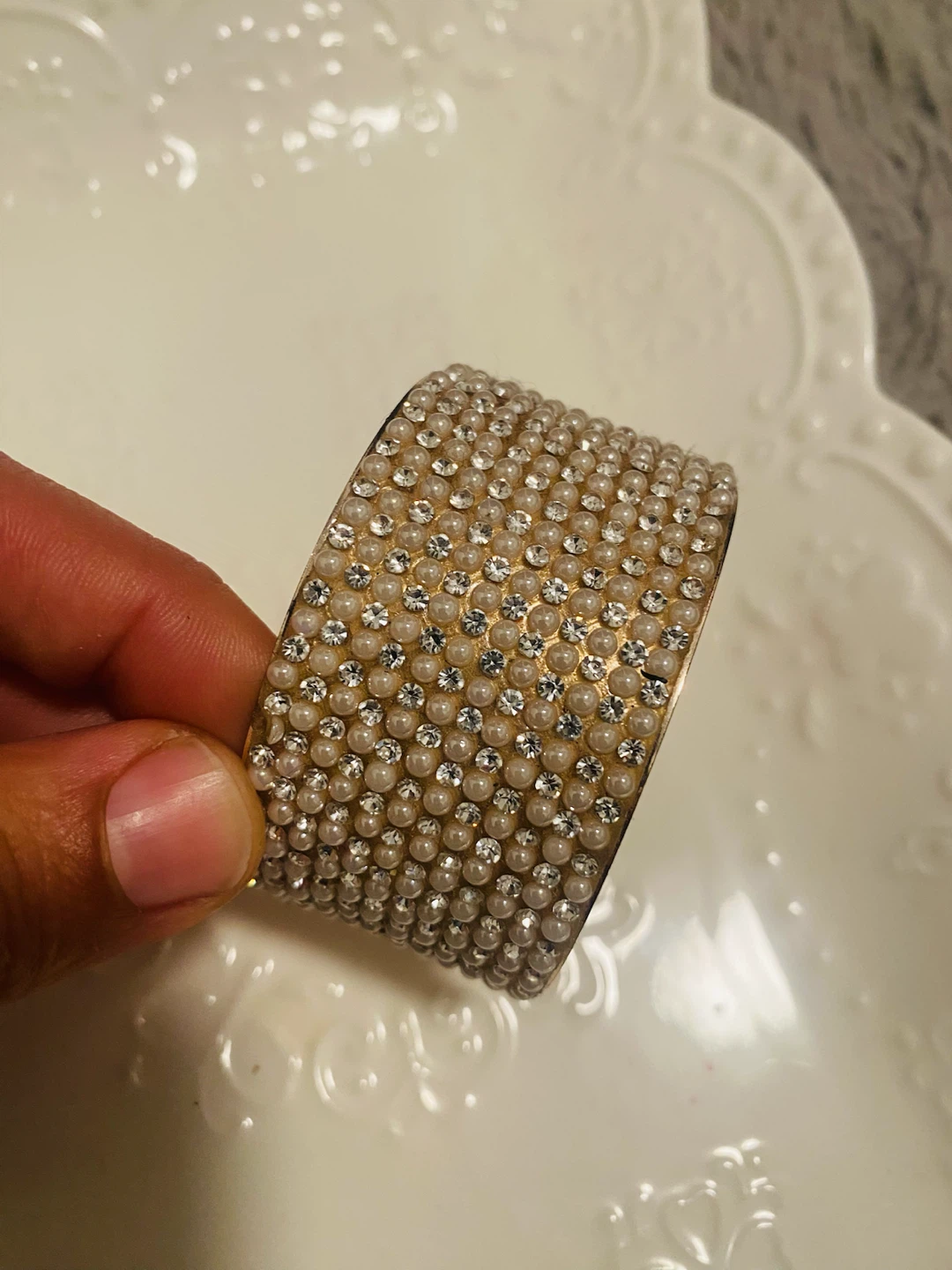 Faux Pearl and Rhinestone Cuff Bracelet