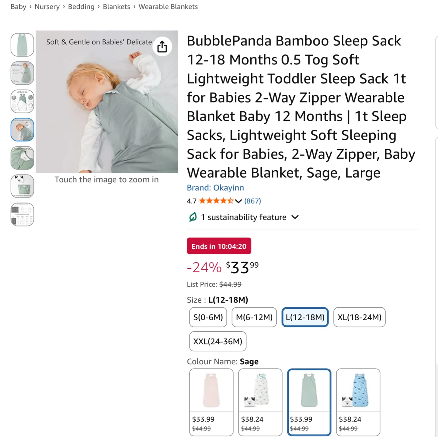 BubblePanda Bamboo Sleep Sack - Sage, Large (1-2yrs) - photo 5