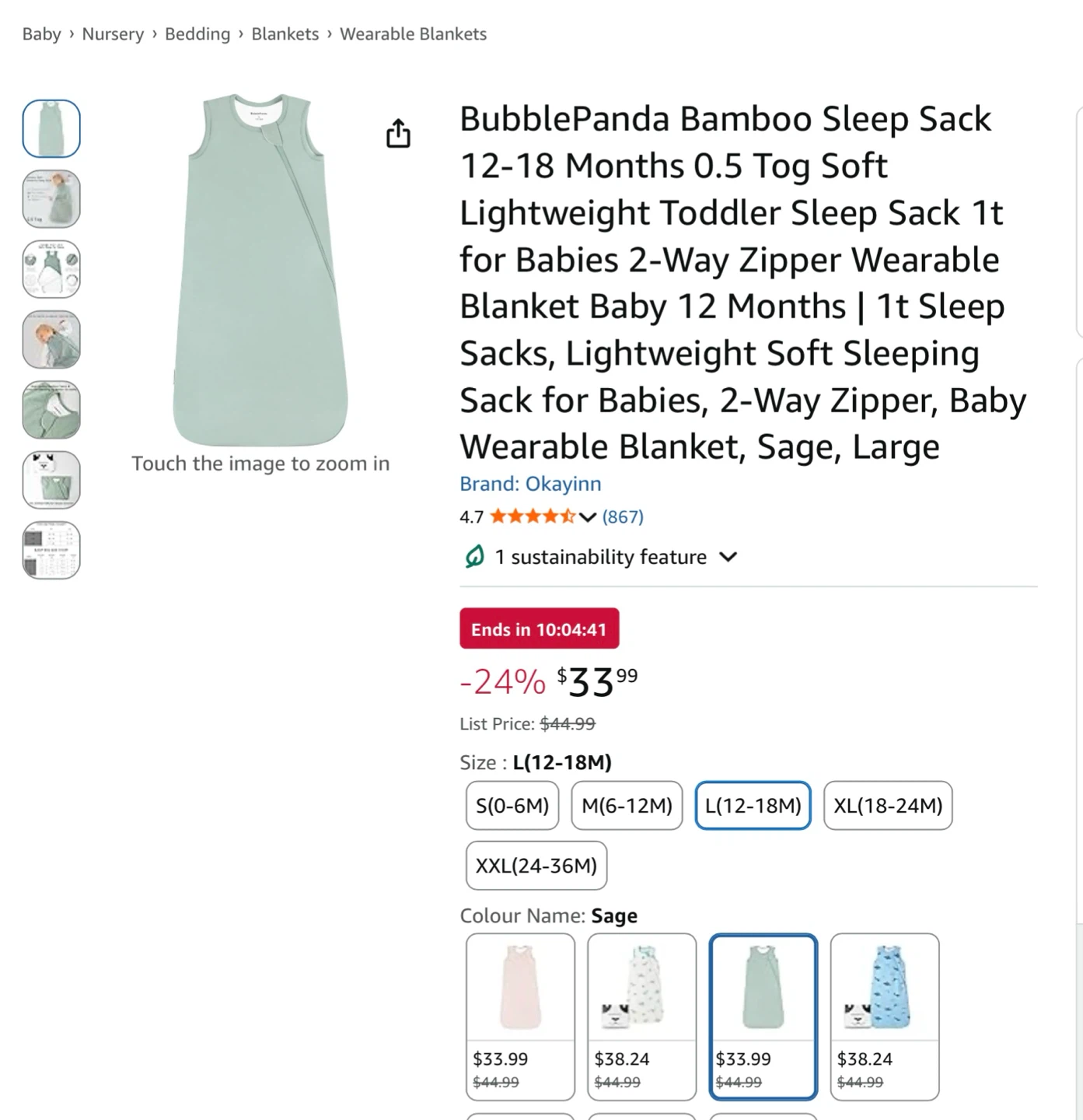 BubblePanda Bamboo Sleep Sack - Sage, Large (1-2yrs) - photo 2