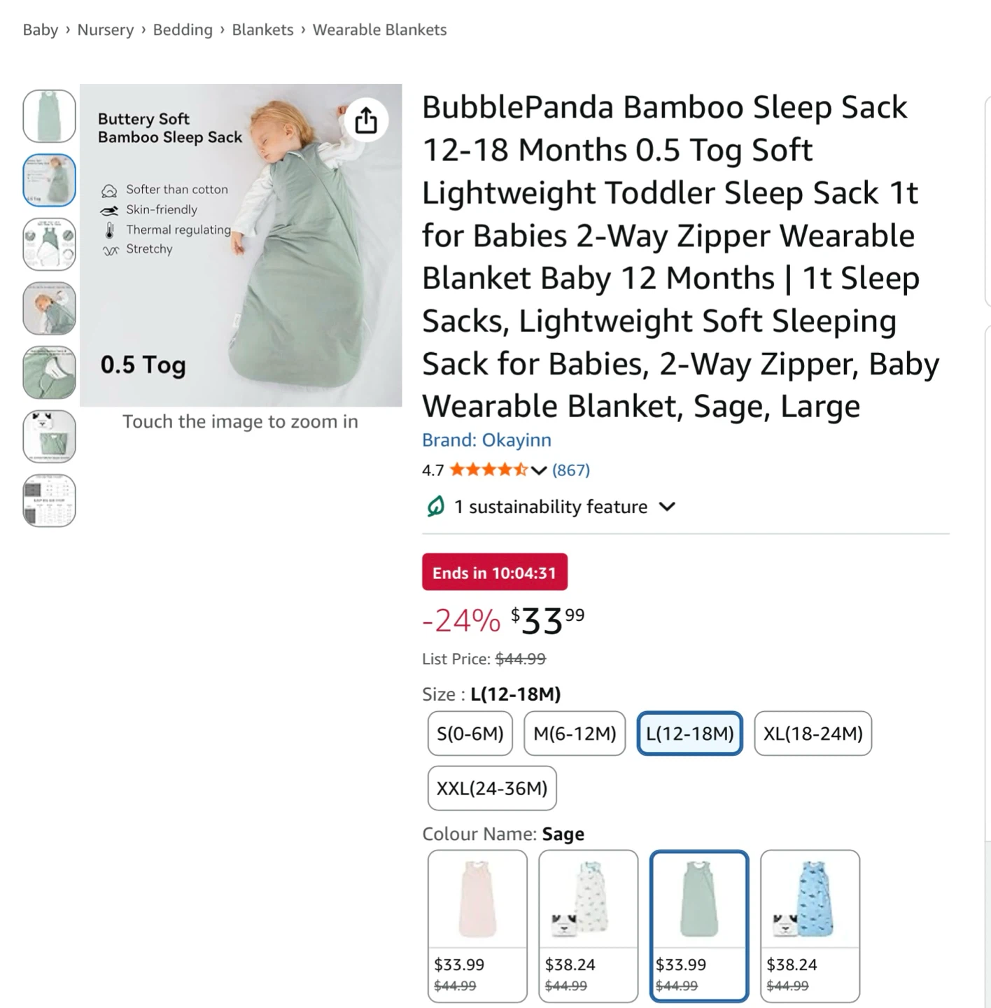 BubblePanda Bamboo Sleep Sack - Sage, Large (1-2yrs)