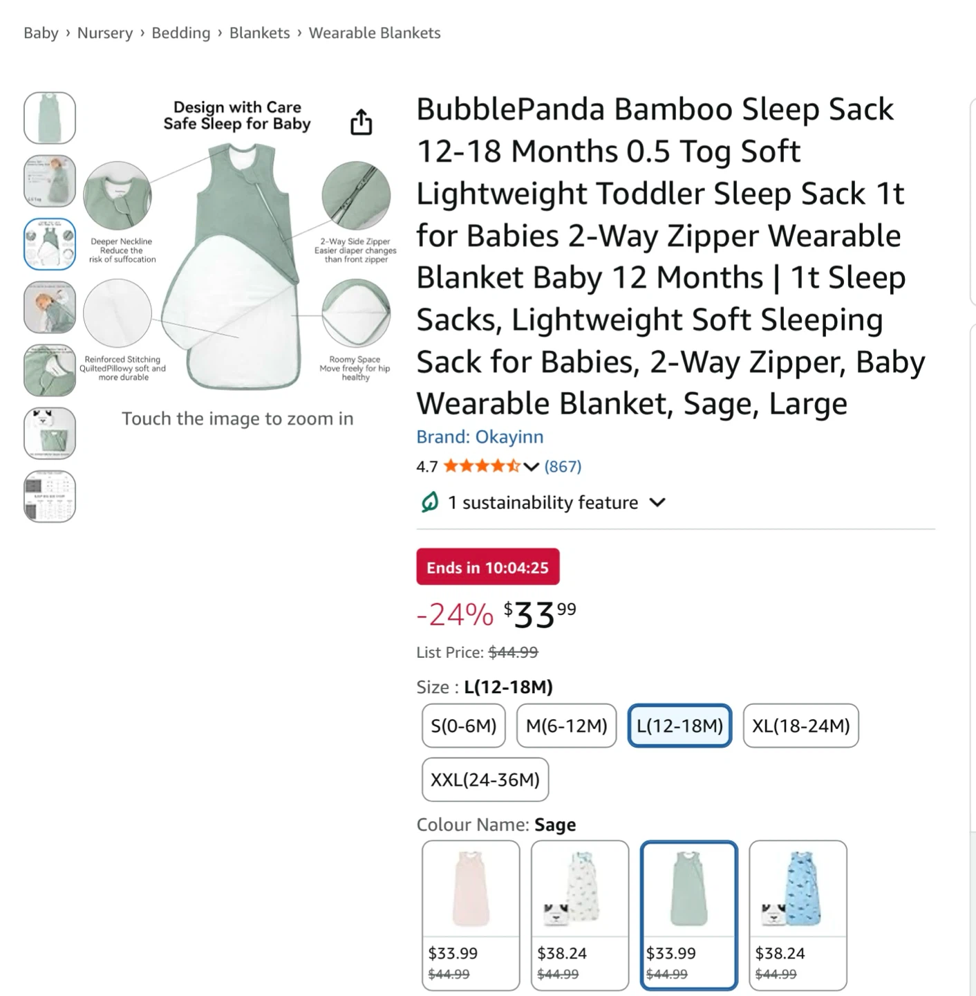BubblePanda Bamboo Sleep Sack - Sage, Large (1-2yrs) - photo 4