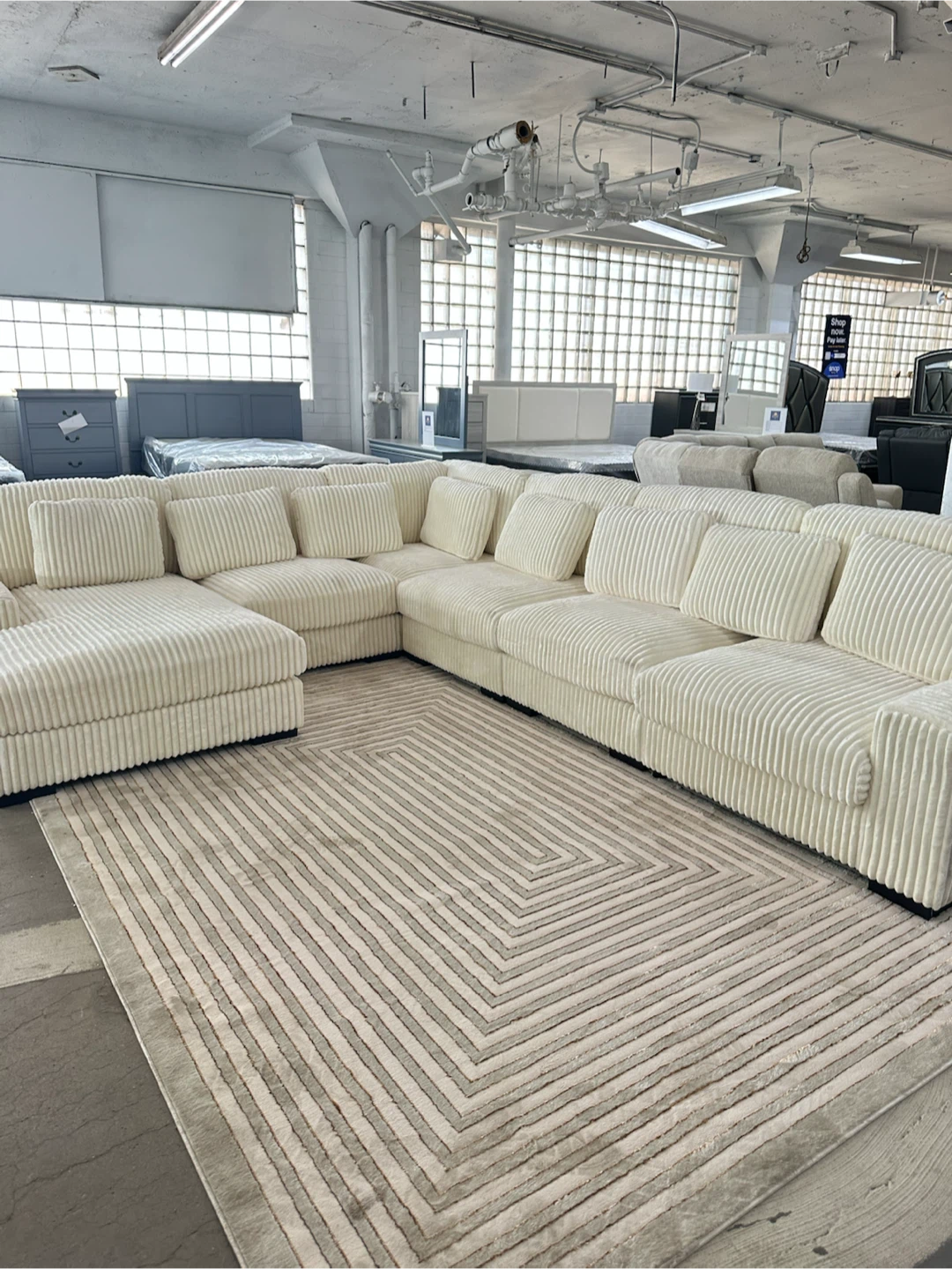 Cream Corduroy Sectional Sofa with Pillow Back