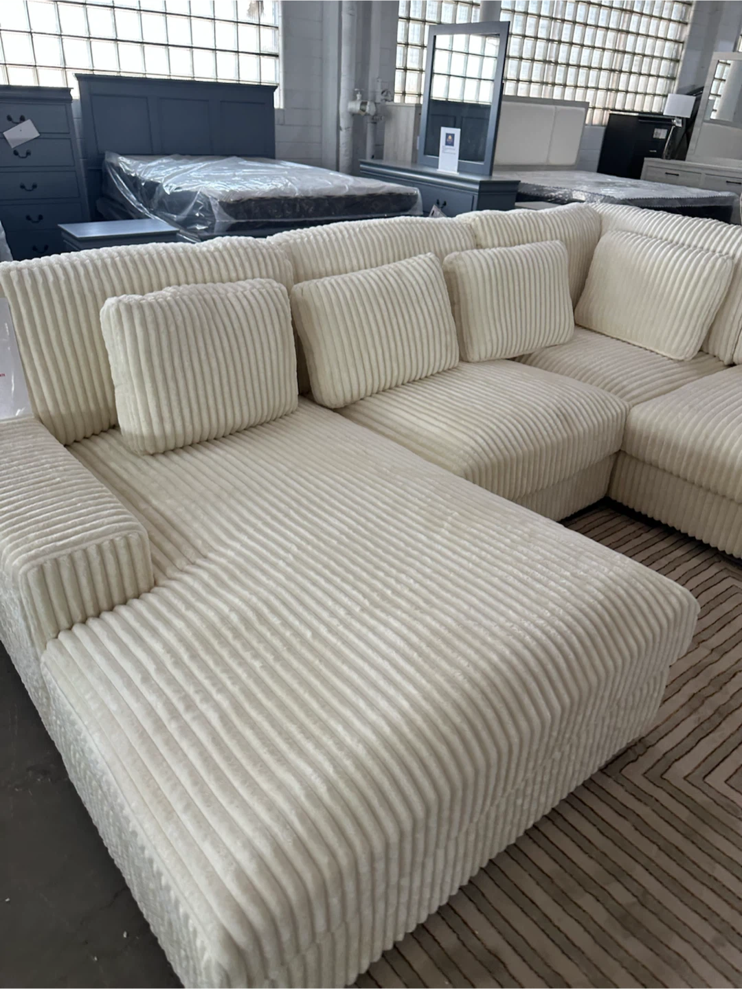 Cream Corduroy Sectional Sofa with Pillow Back - photo 3