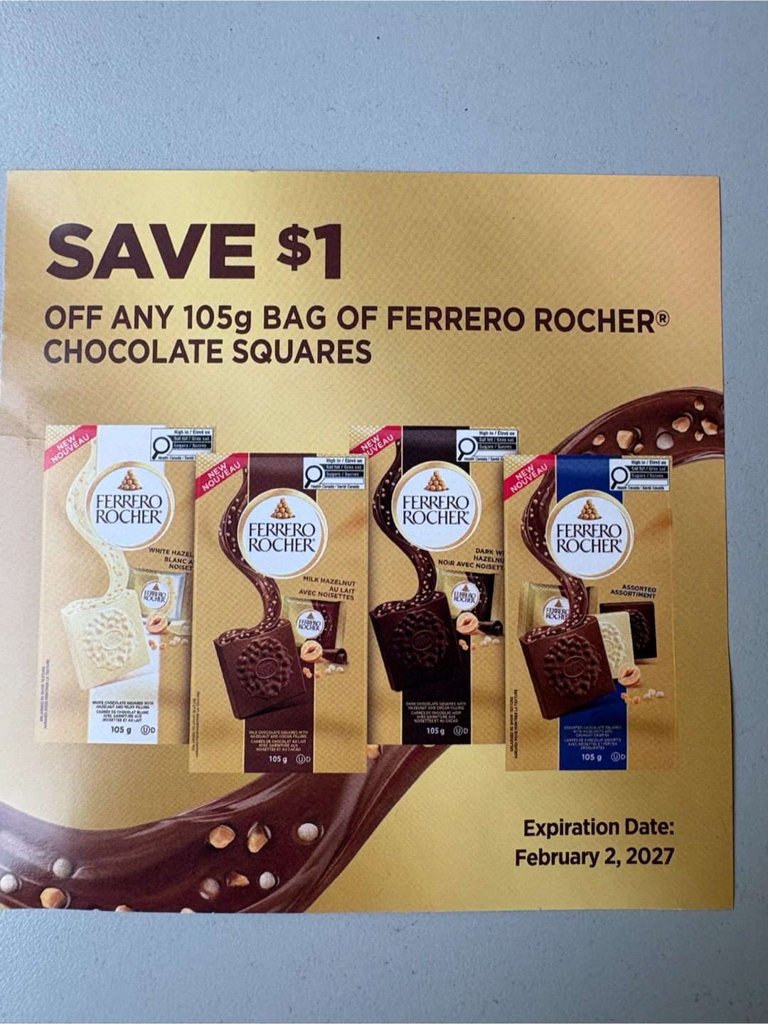 $1 off coupon for Ferrero Rocher Squares (105g Bag)