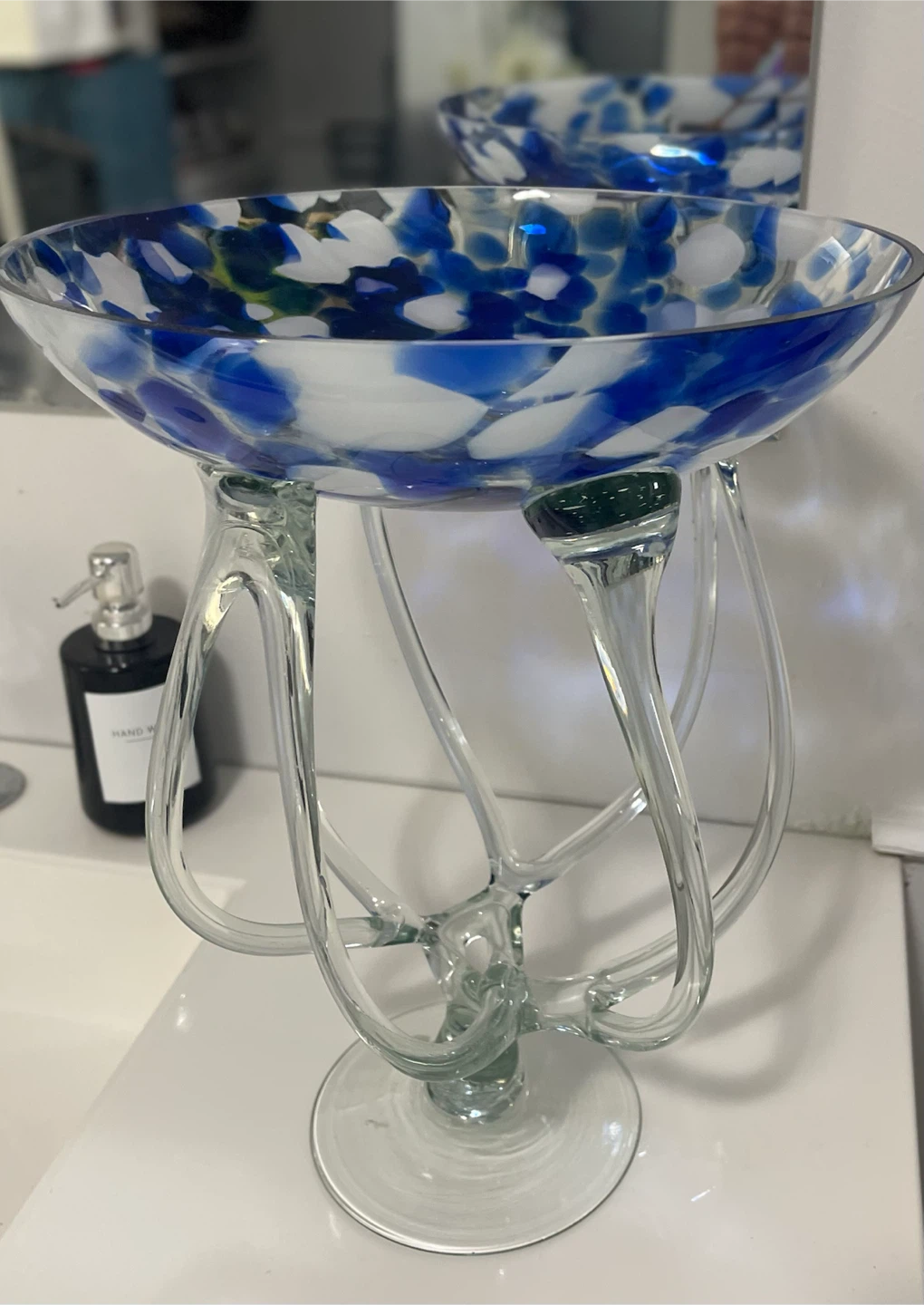 Decorative Blue and White Swirl Glass Bowl on Stand