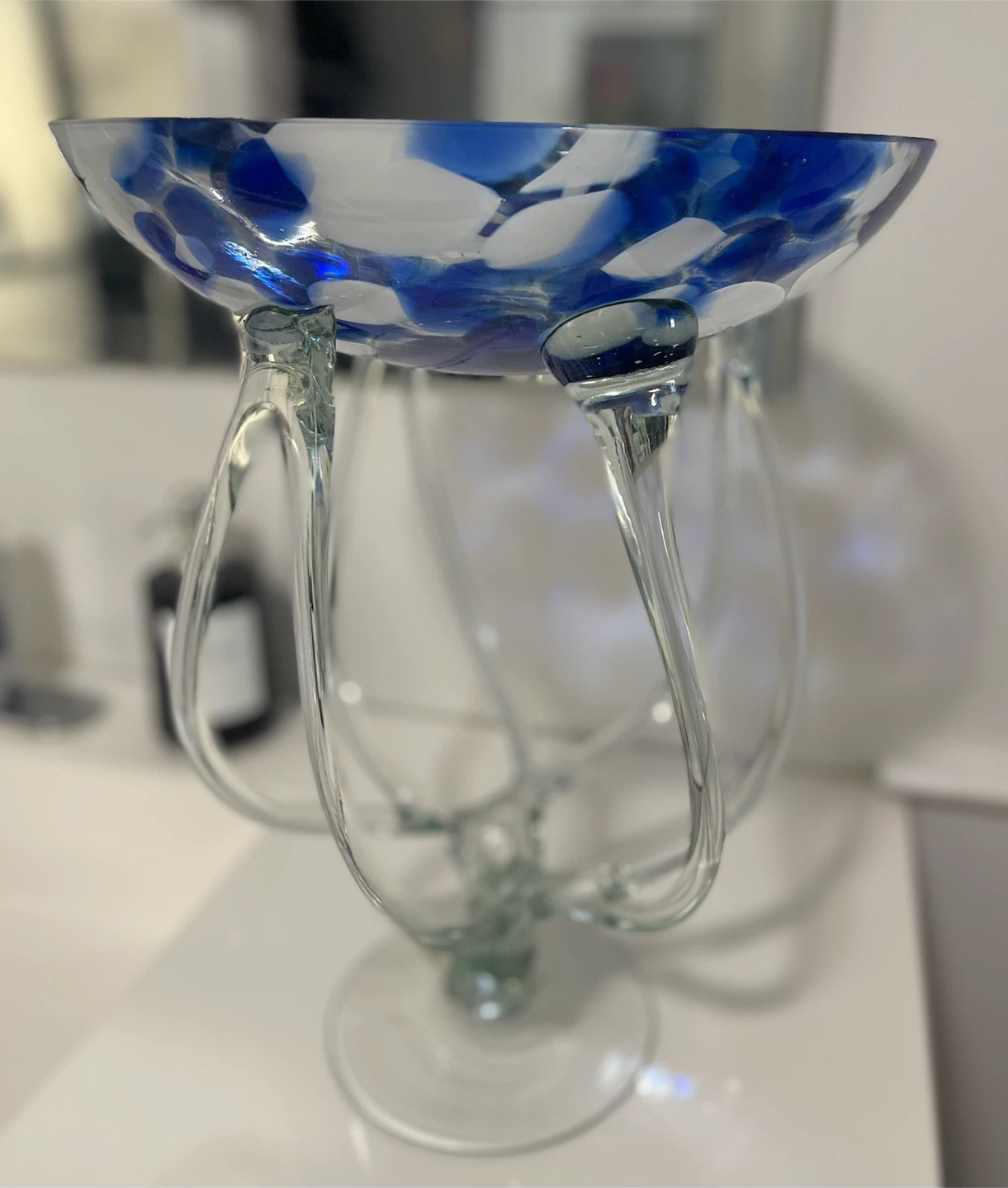 Decorative Blue and White Swirl Glass Bowl on Stand - photo 2