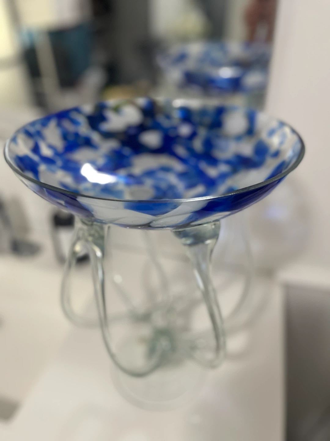 Decorative Blue and White Swirl Glass Bowl on Stand - photo 3