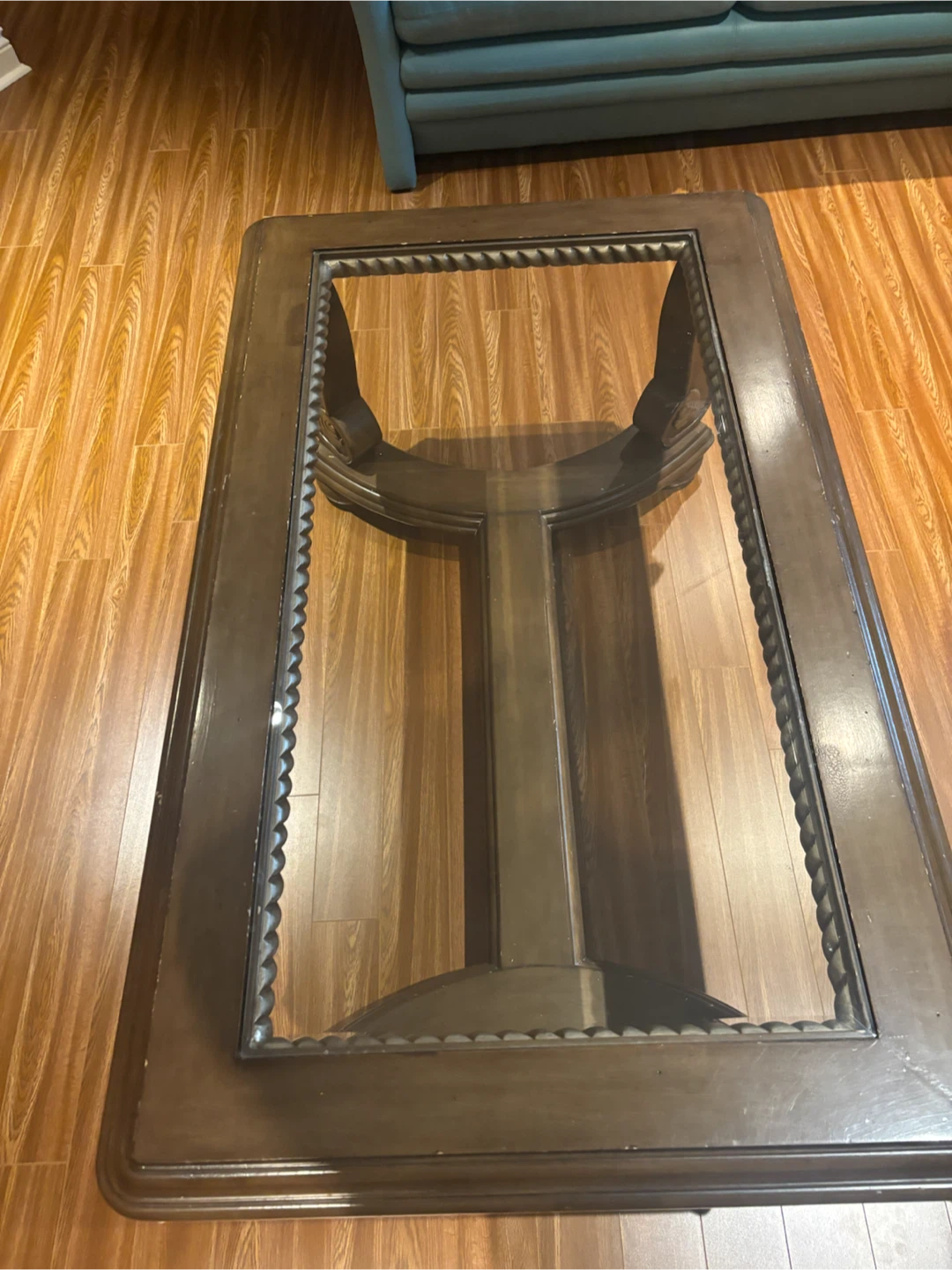 Ornate Wood Coffee Table with Glass Top