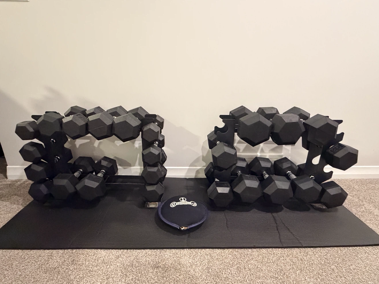 Complete Dumbbell Set with Metal Racks, Mat & Sandbag – Like New