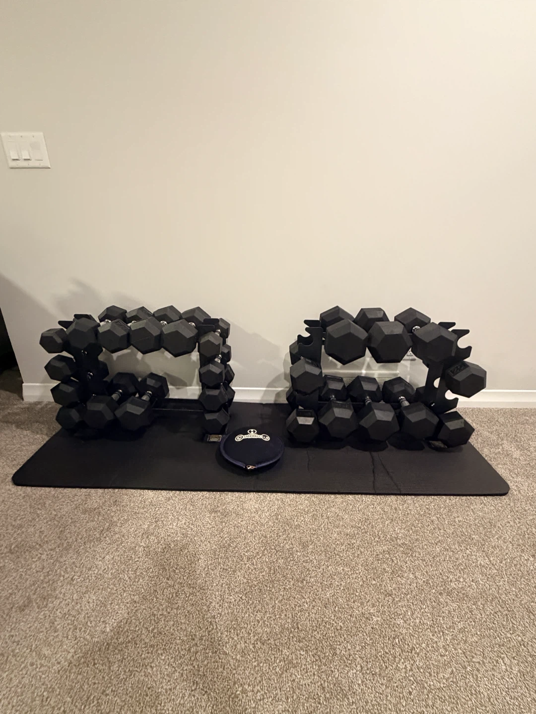 Complete Dumbbell Set with Metal Racks, Mat & Sandbag – Like New - photo 5