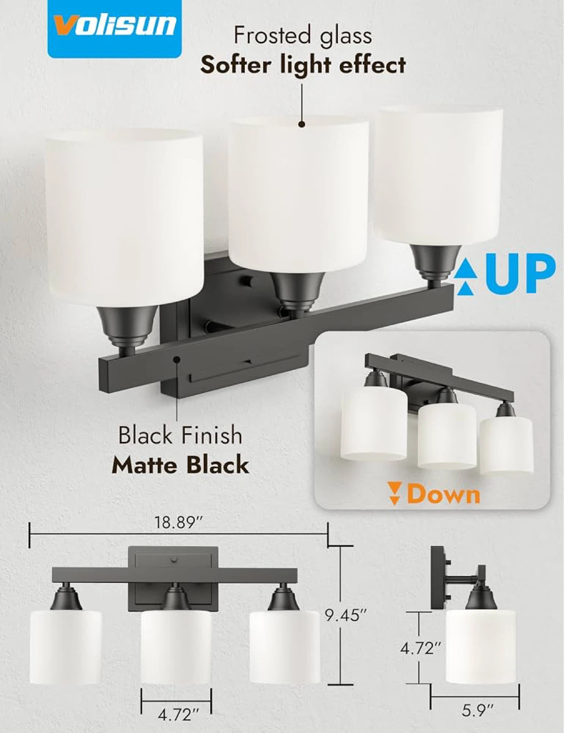 VOLISUN Matte Black Bathroom 3 Light Fixture - BNIB - photo 2