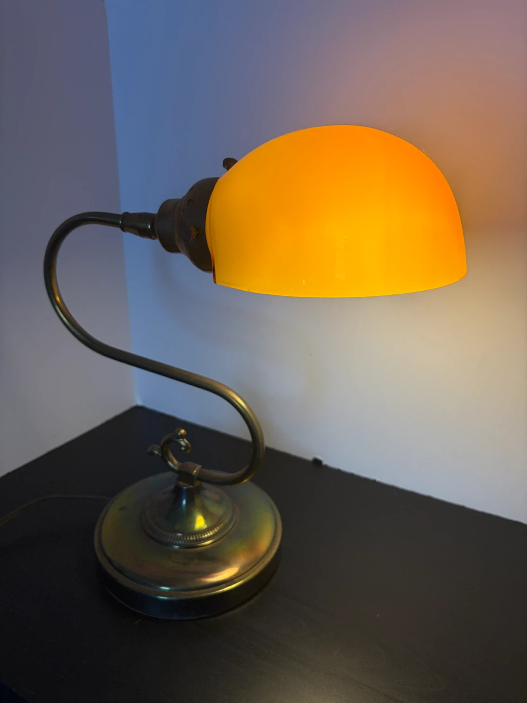 Vintage Bankers Lamp with Amber Glass Shade