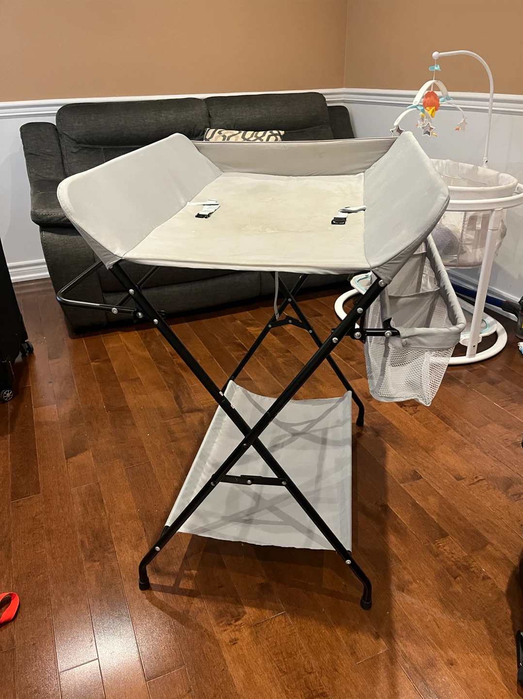 Grey Foldable Diaper Changing Station with Storage Basket