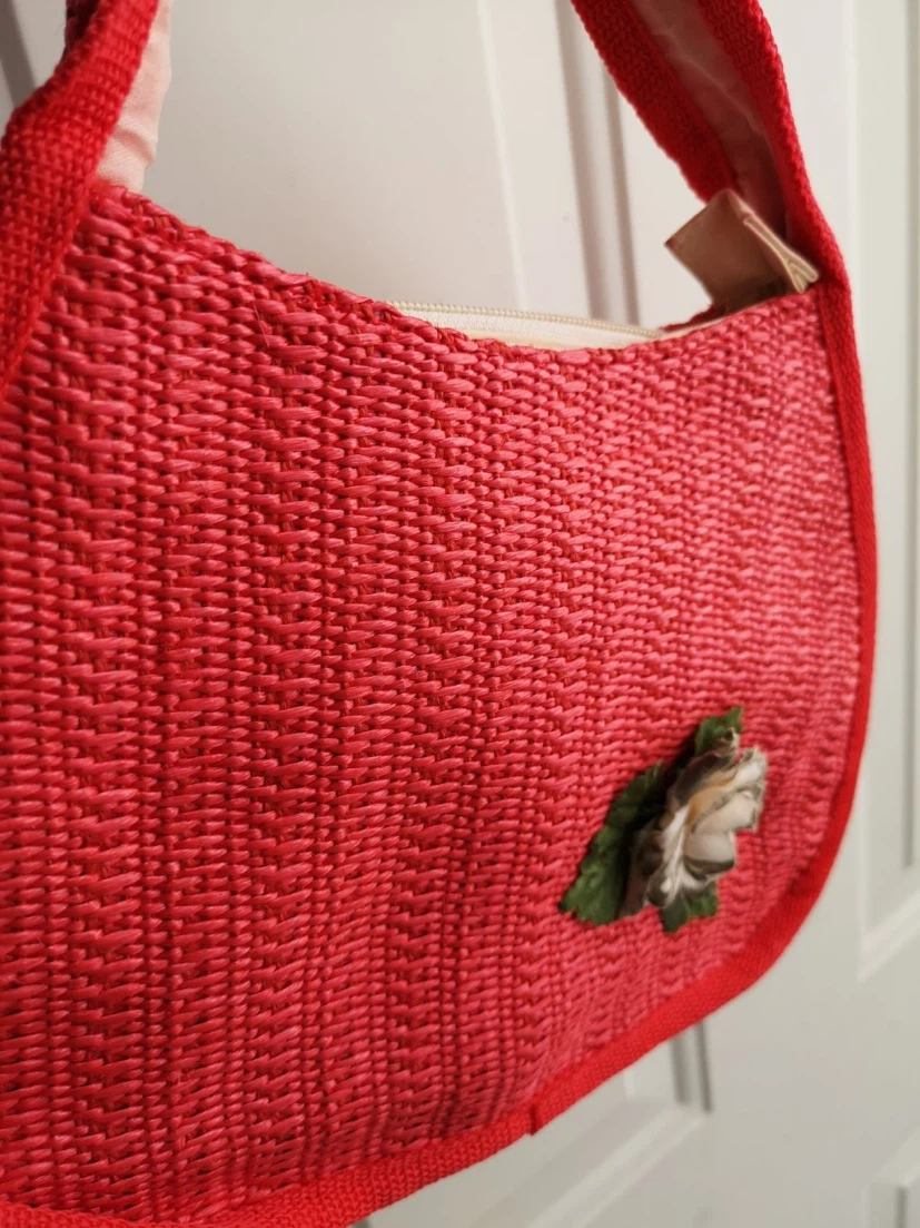 Red Woven Handbag with Flower Accent