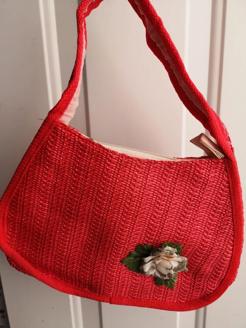 Red Woven Handbag with Flower Accent - photo 2