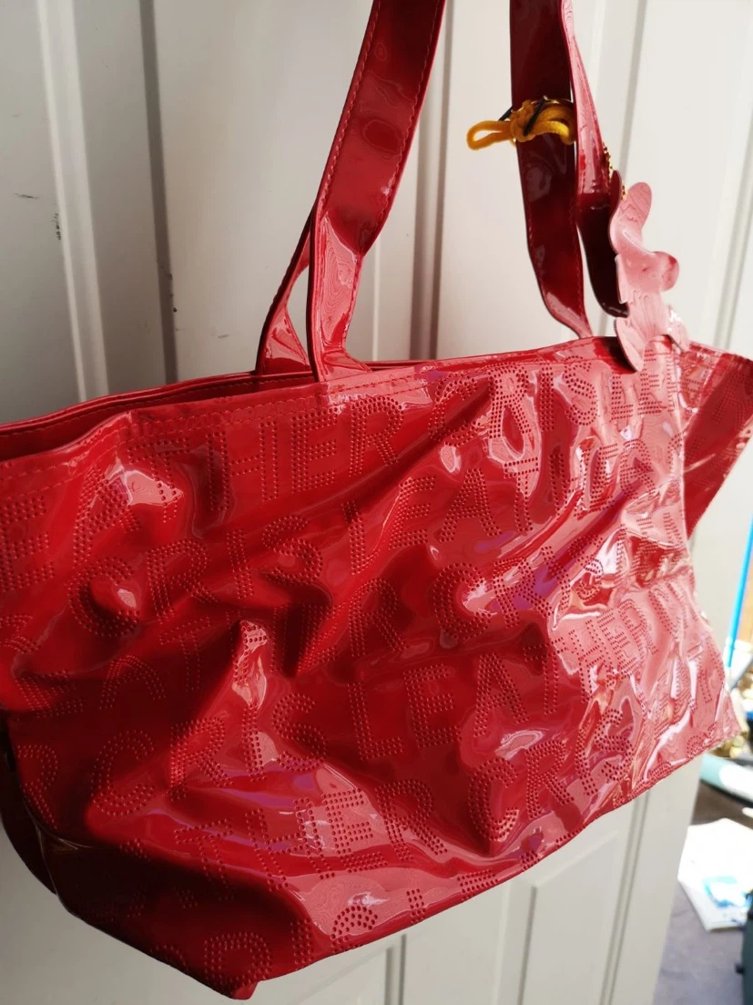 Red patent leather tote bag