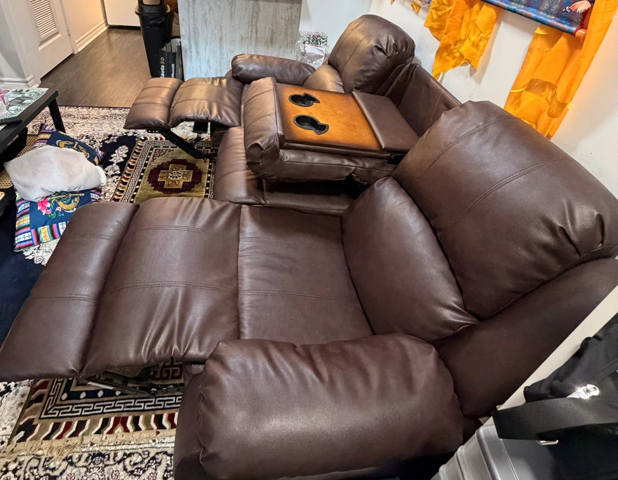 Brown Leather Recliner Sofa with Cup Holders - photo 3