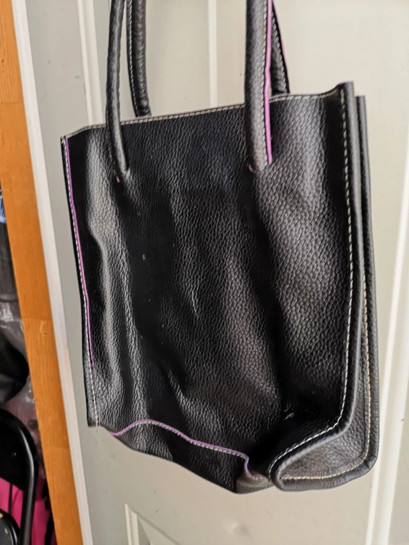 Black Faux Leather Tote Bag with Pink Trim