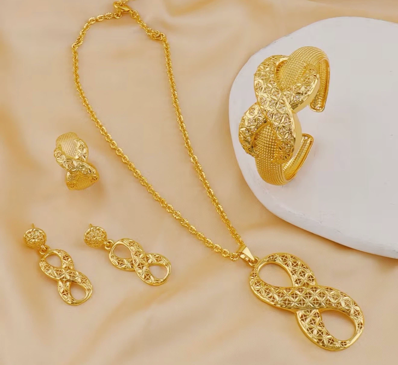 Gold Tone Jewelry Set - Necklace, Earrings, Ring & Bracelet