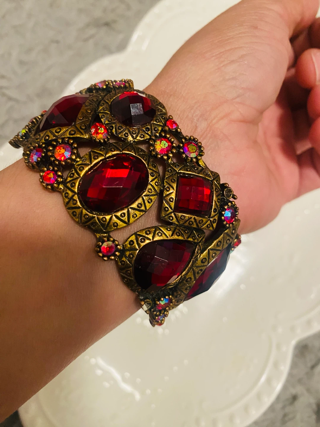 Statement Cuff Bracelet with Deep Red Rhinestone