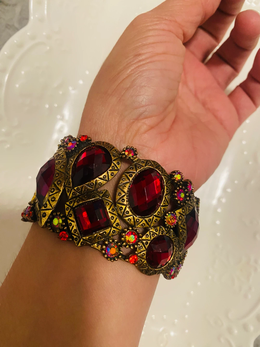 Statement Cuff Bracelet with Deep Red Rhinestone - photo 2