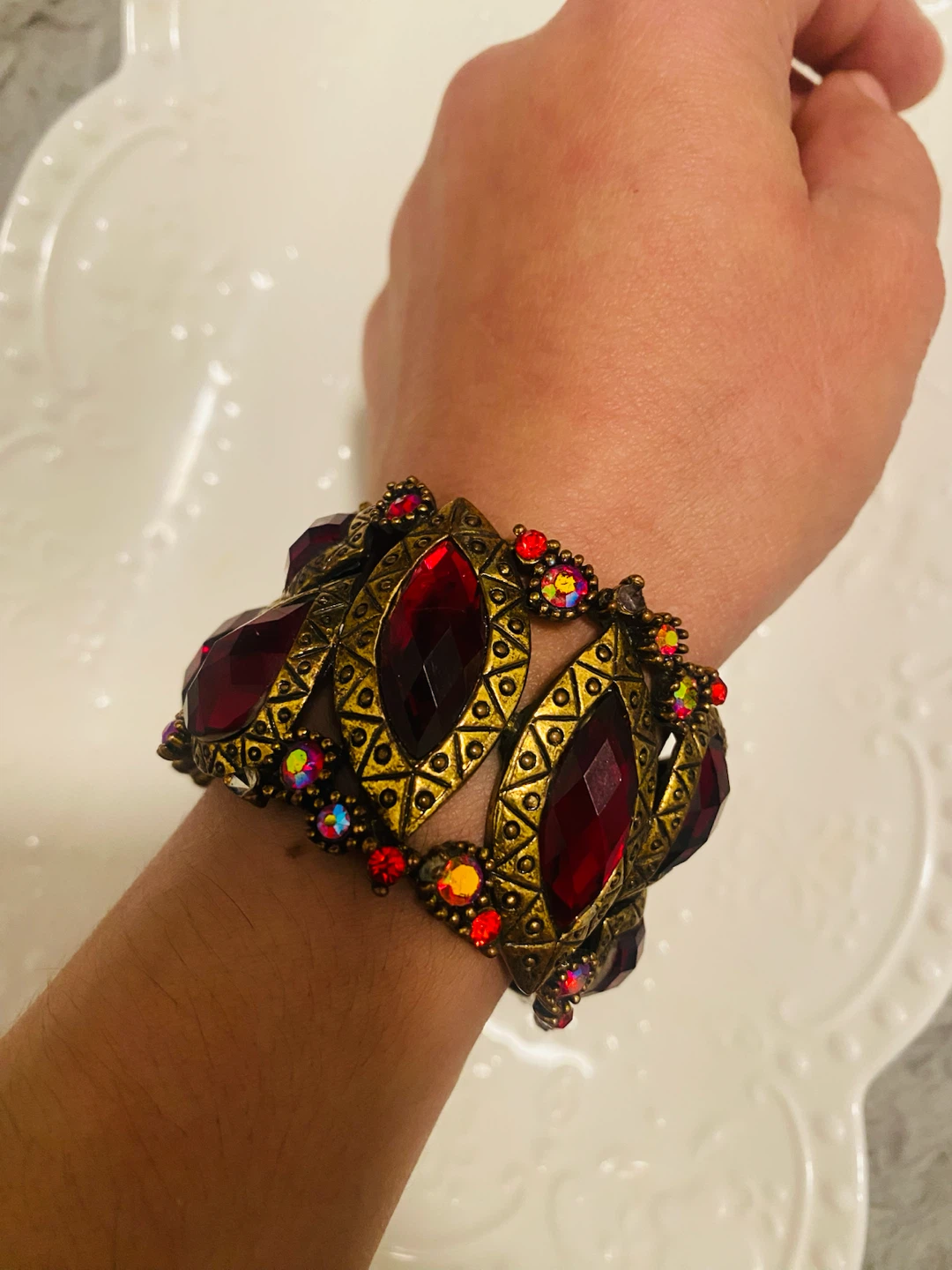 Statement Cuff Bracelet with Deep Red Rhinestone - photo 3