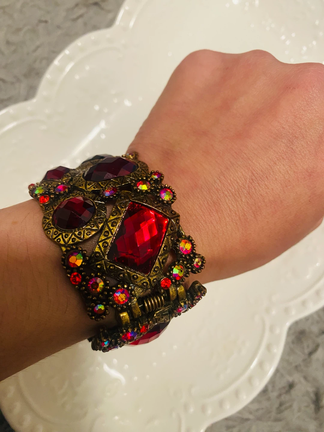 Statement Cuff Bracelet with Deep Red Rhinestone - photo 5