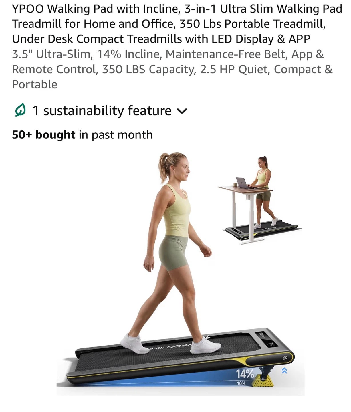 YPOO Walking Pad Treadmill with Incline