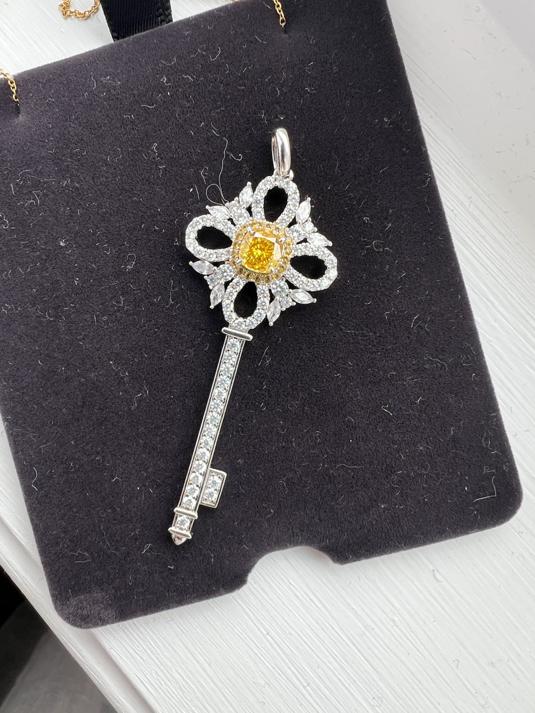 Key Pendant Necklace with Yellow and White Stones