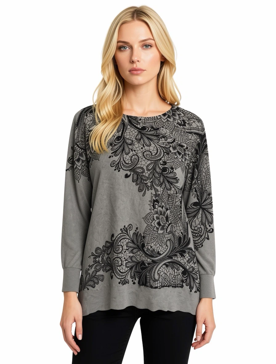 Grey Lace Print Long Sleeve Sweater